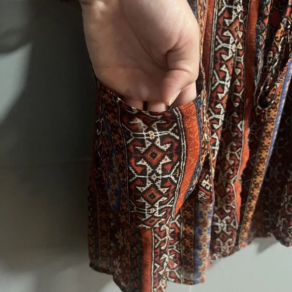 Band of Gypsies Womens Semi Sheer Geometric Print Dress Orange Boho Size Large - Picture 2 of 6
